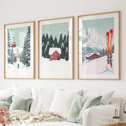 Ski Lifts, Cozy Cabin, and Snowy Peaks Wall Art Thin Wood Frame - w mat