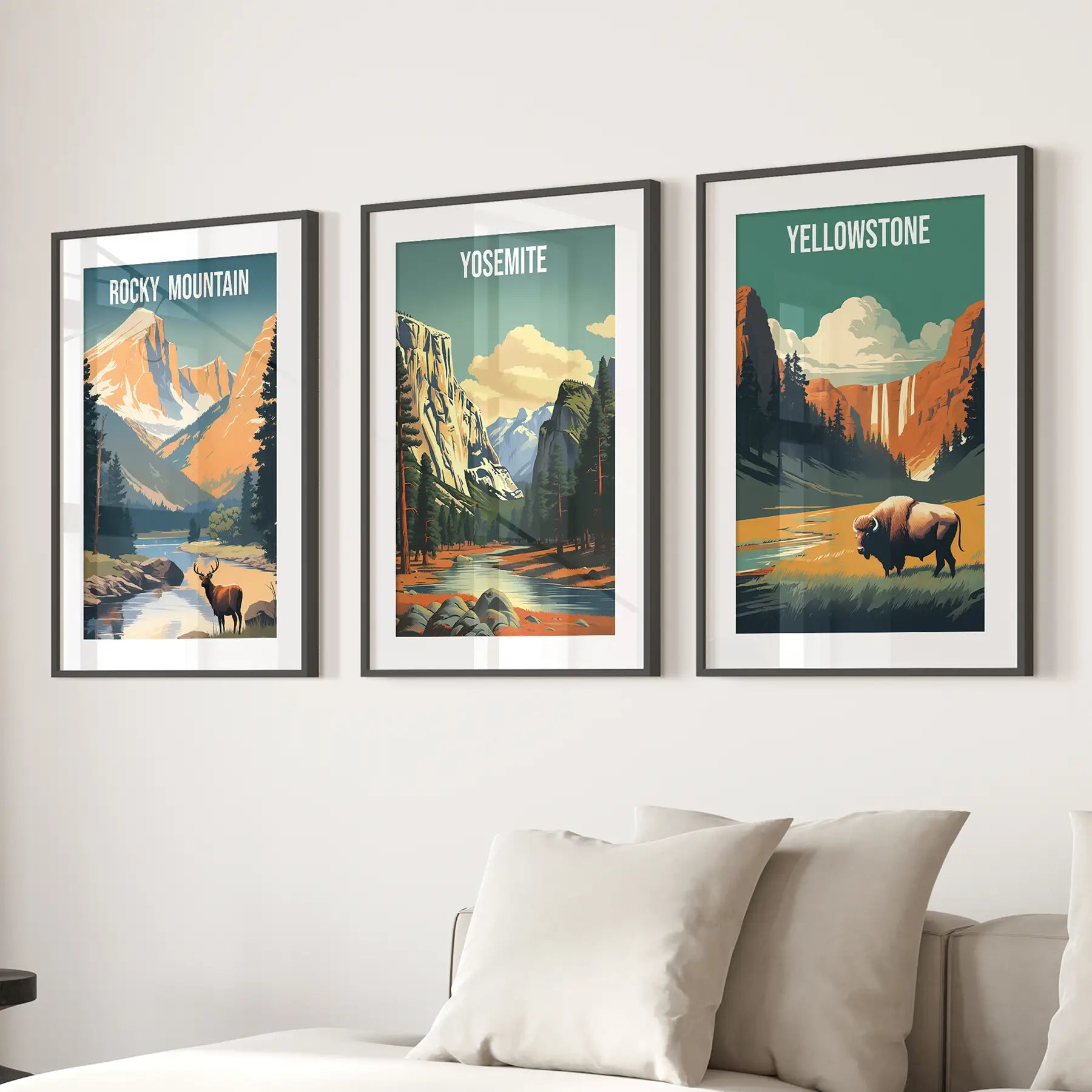 Rocky Mountain, Yosemite, Yellowstone. National Park Wall Art Black Frame - w mat