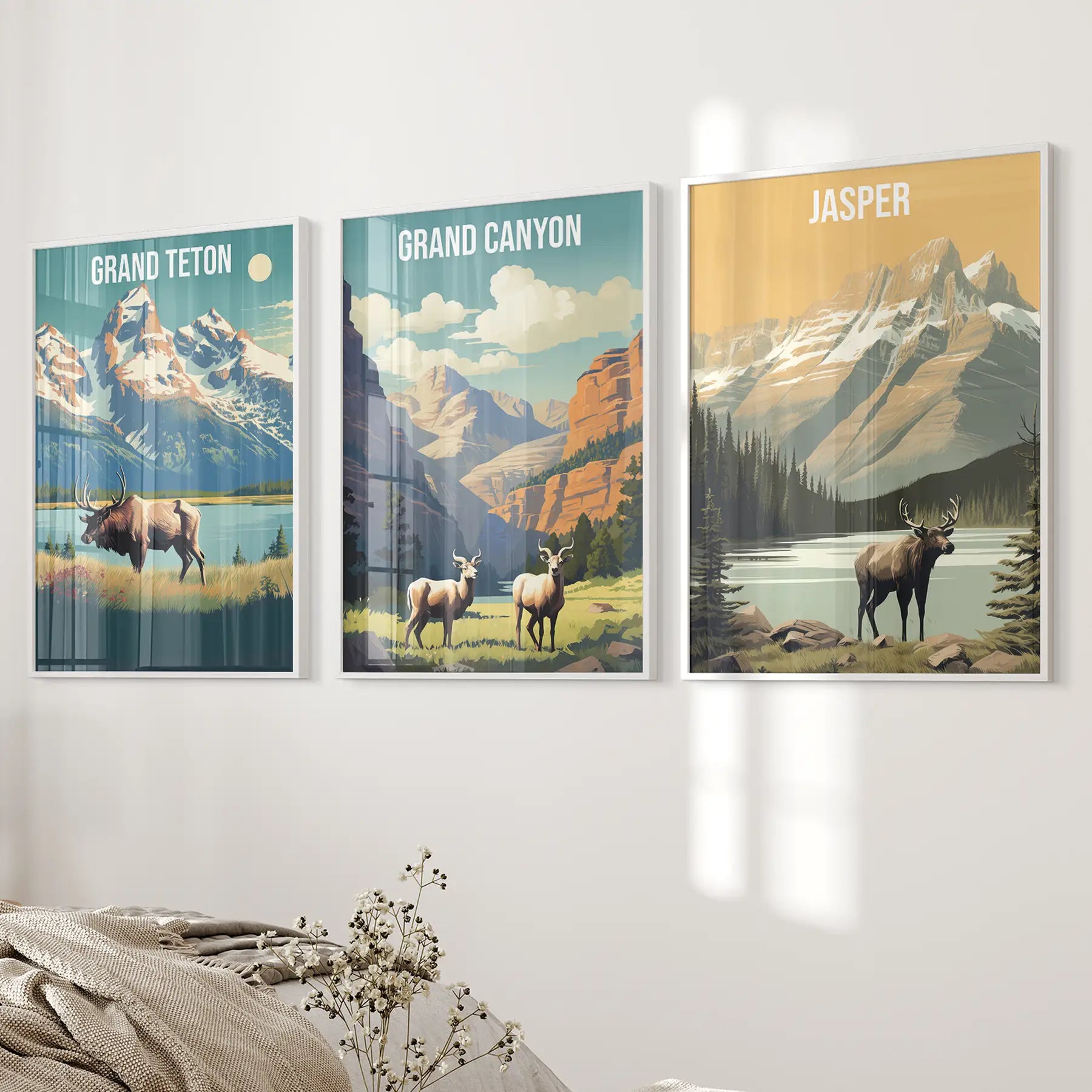 Grand Canyon, Jasper, Grand Teton. National Park Wall Art White Frame - no mat