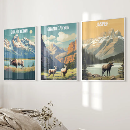 Grand Canyon, Jasper, Grand Teton. National Park Wall Art White Frame - no mat