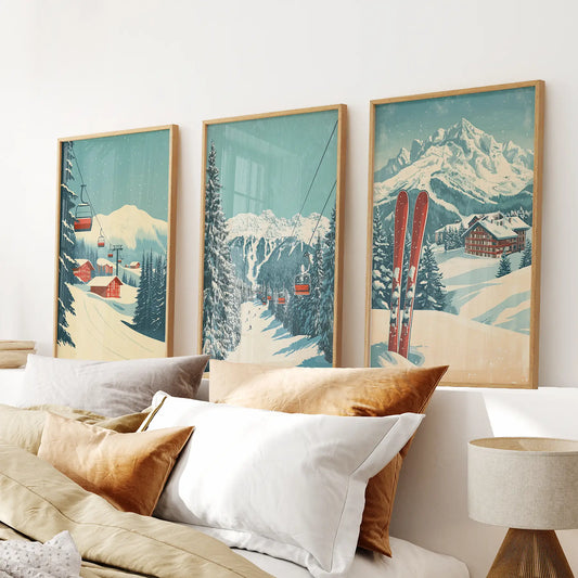 Vintage Winter Landscape Ski Wall Art Decor Print Thin Wood Frame - no mat