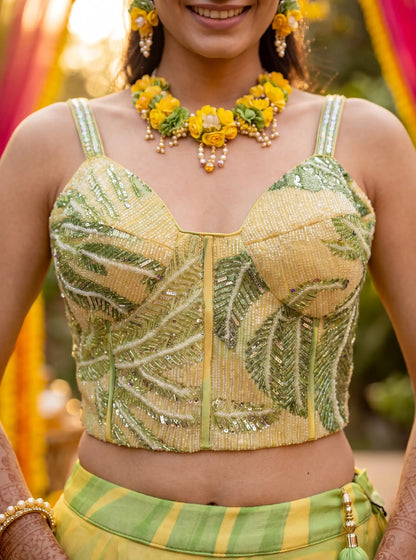 Tropical Yellow Corset Lehenga Set – A Blend of Elegance & Modern Glam