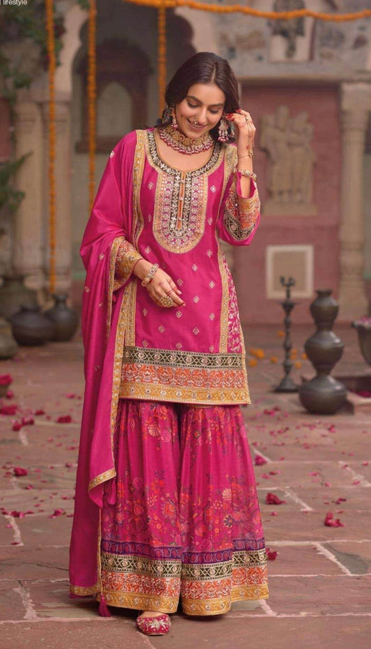 Heavy party wear sharara suit Pink 44 (US LARGE)