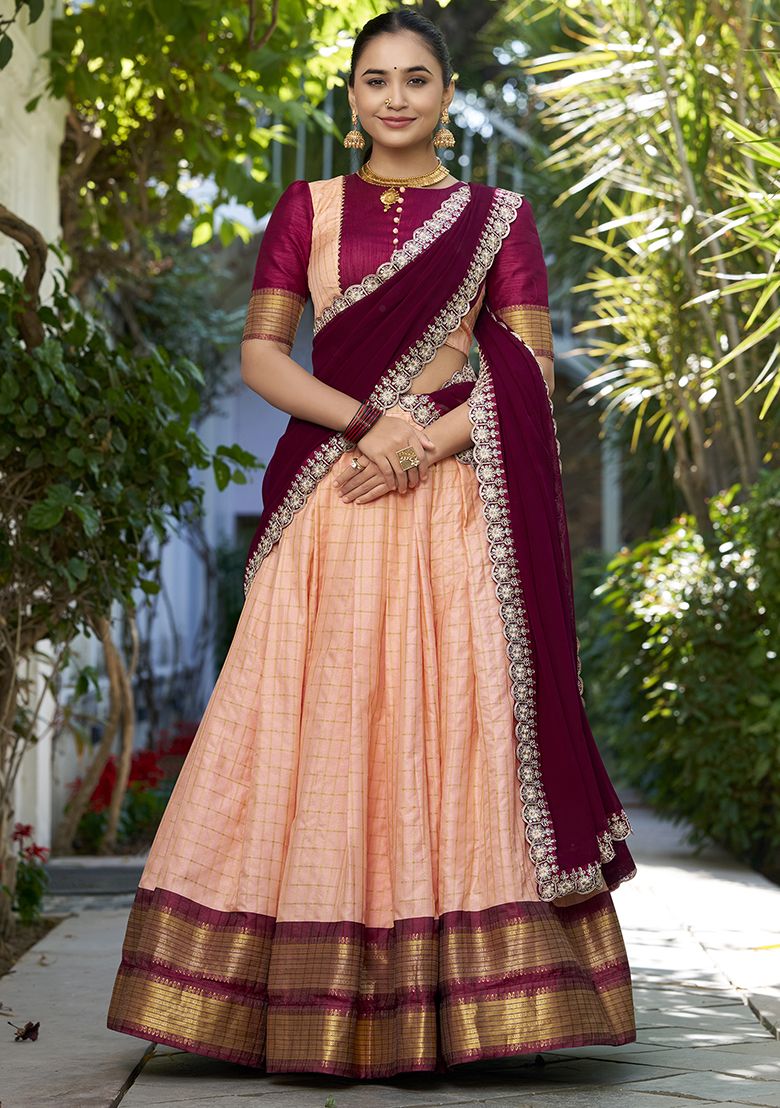 Peach and Maroon Zari Weaving Half Saree Lehenga Peach