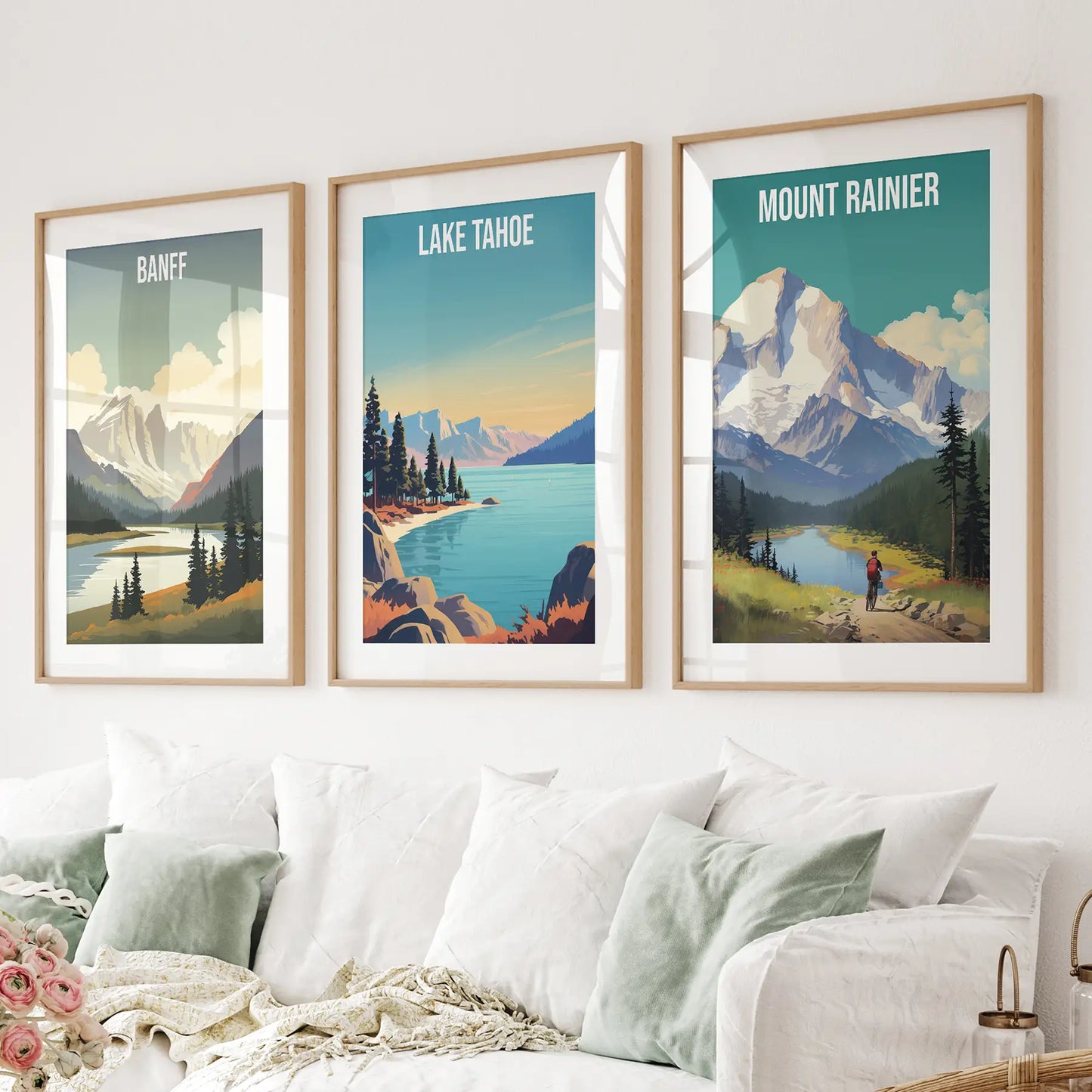 Set of 3 Travel Prints. Banff, Lake Tahoe, Mount Rainier Posters Thin Wood Frame - w mat
