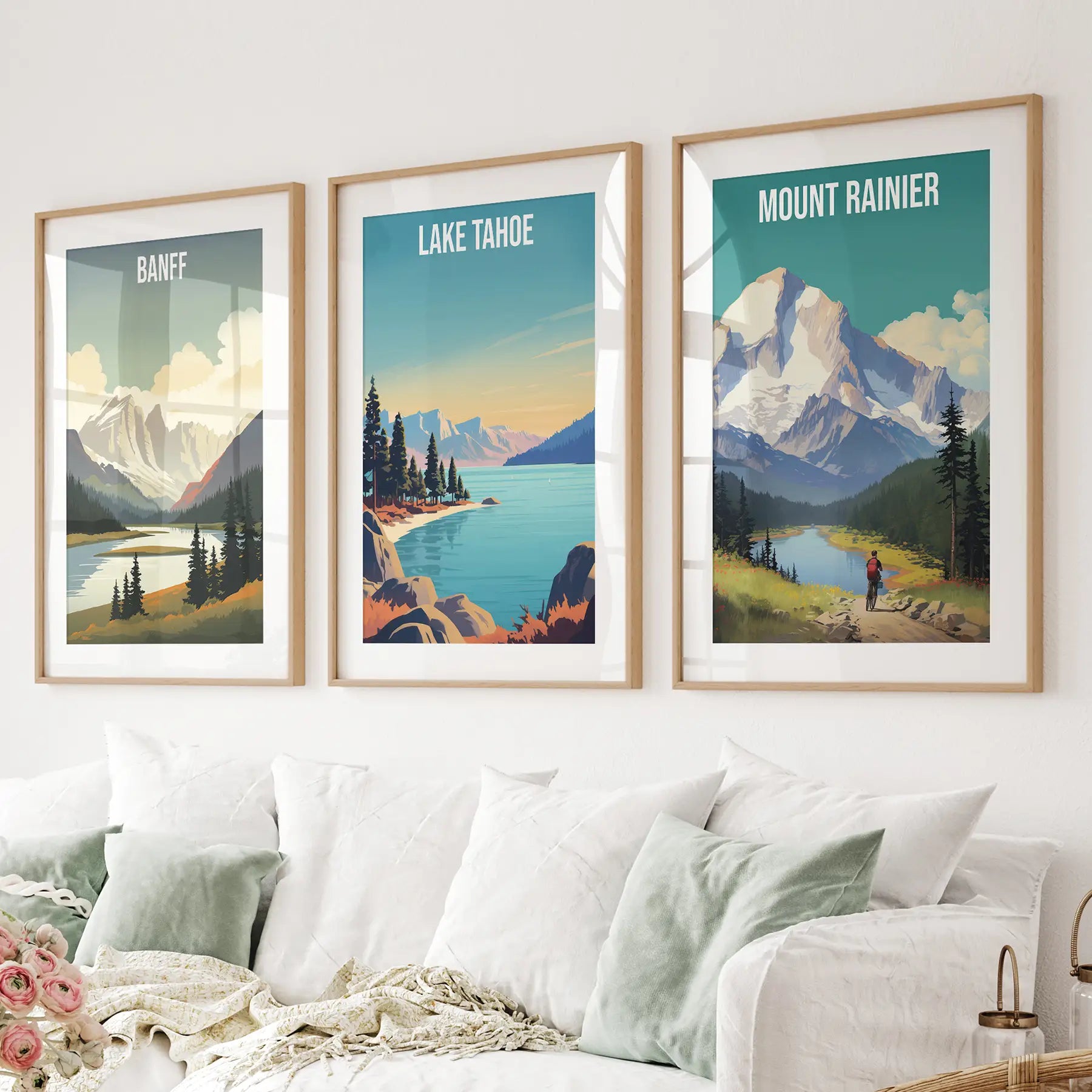 Set of 3 Travel Prints. Banff, Lake Tahoe, Mount Rainier Posters Thin Wood Frame - w mat