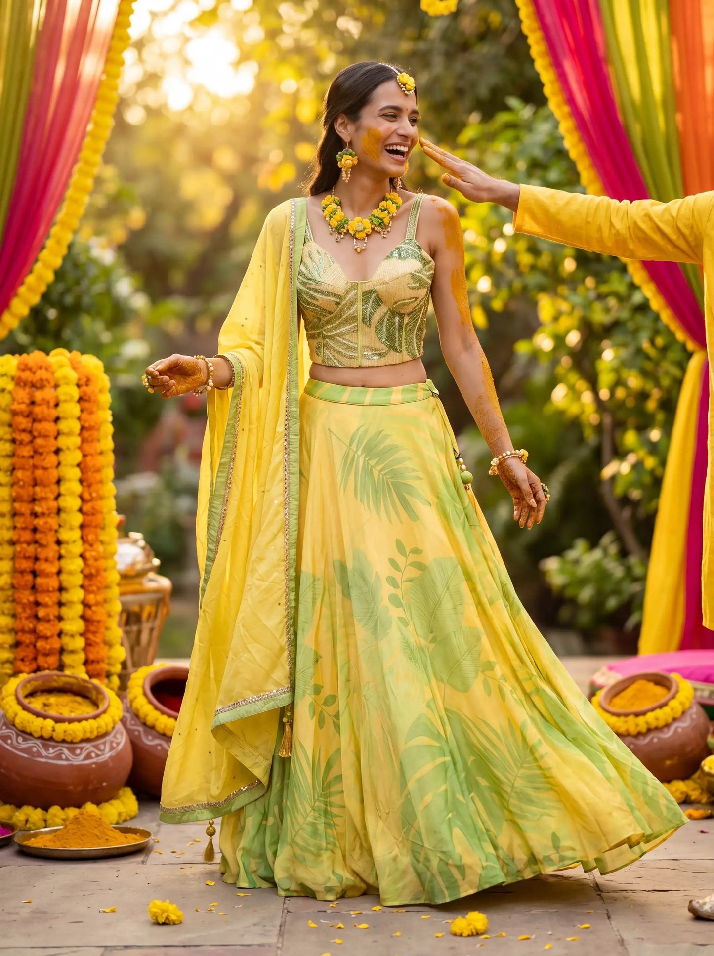 Tropical Yellow Corset Lehenga Set – A Blend of Elegance & Modern Glam