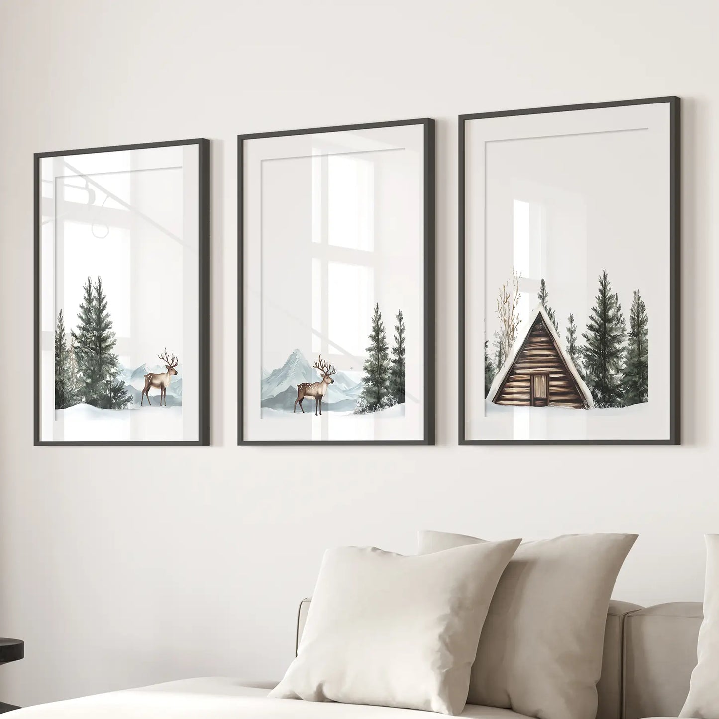 Rustic Cabin, Snowy Forest Prints. 3 Piece Winter Wall Art Black Frame - w mat
