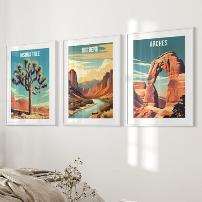 3 Piece USA National Park Art. Big Bend, Arches, Joshua Tree White Frame - w mat