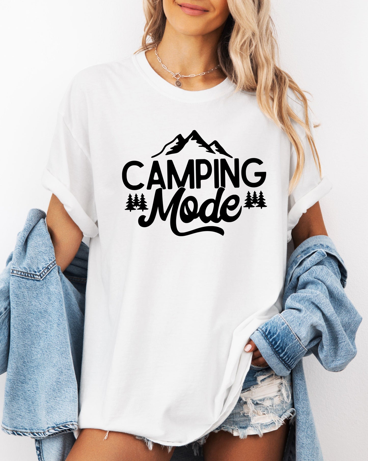 Camping Mode Nature Garment Dyed T-Shirt – Hiking Outdoor Adventure Graphic Tee White