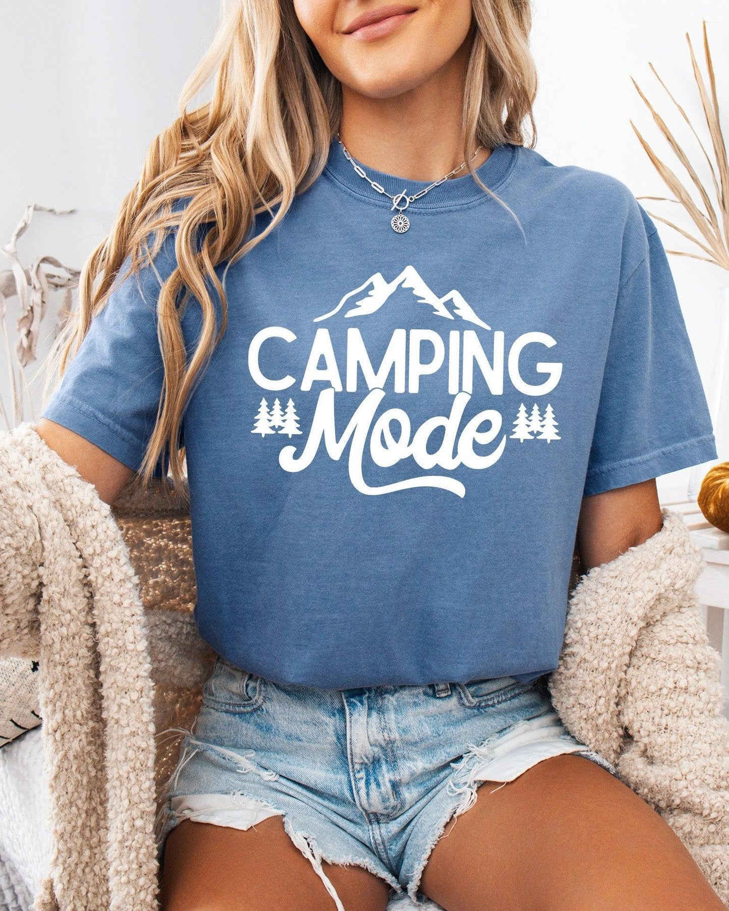 Camping Mode Nature Garment Dyed T-Shirt – Hiking Outdoor Adventure Graphic Tee Blue Jean