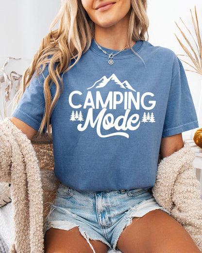 Camping Mode Nature Garment Dyed T-Shirt – Hiking Outdoor Adventure Graphic Tee Blue Jean