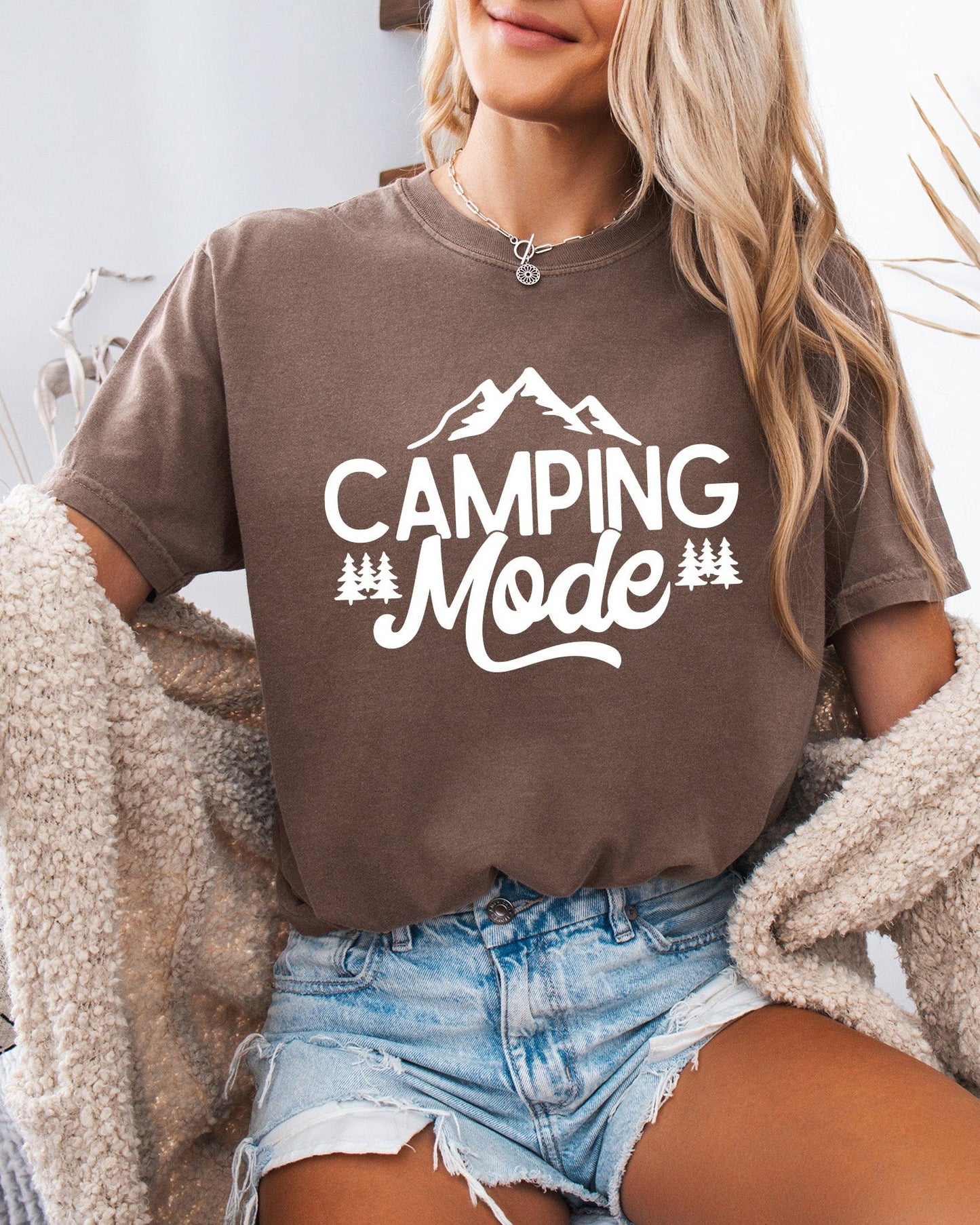 Camping Mode Nature Garment Dyed T-Shirt – Hiking Outdoor Adventure Graphic Tee Espresso