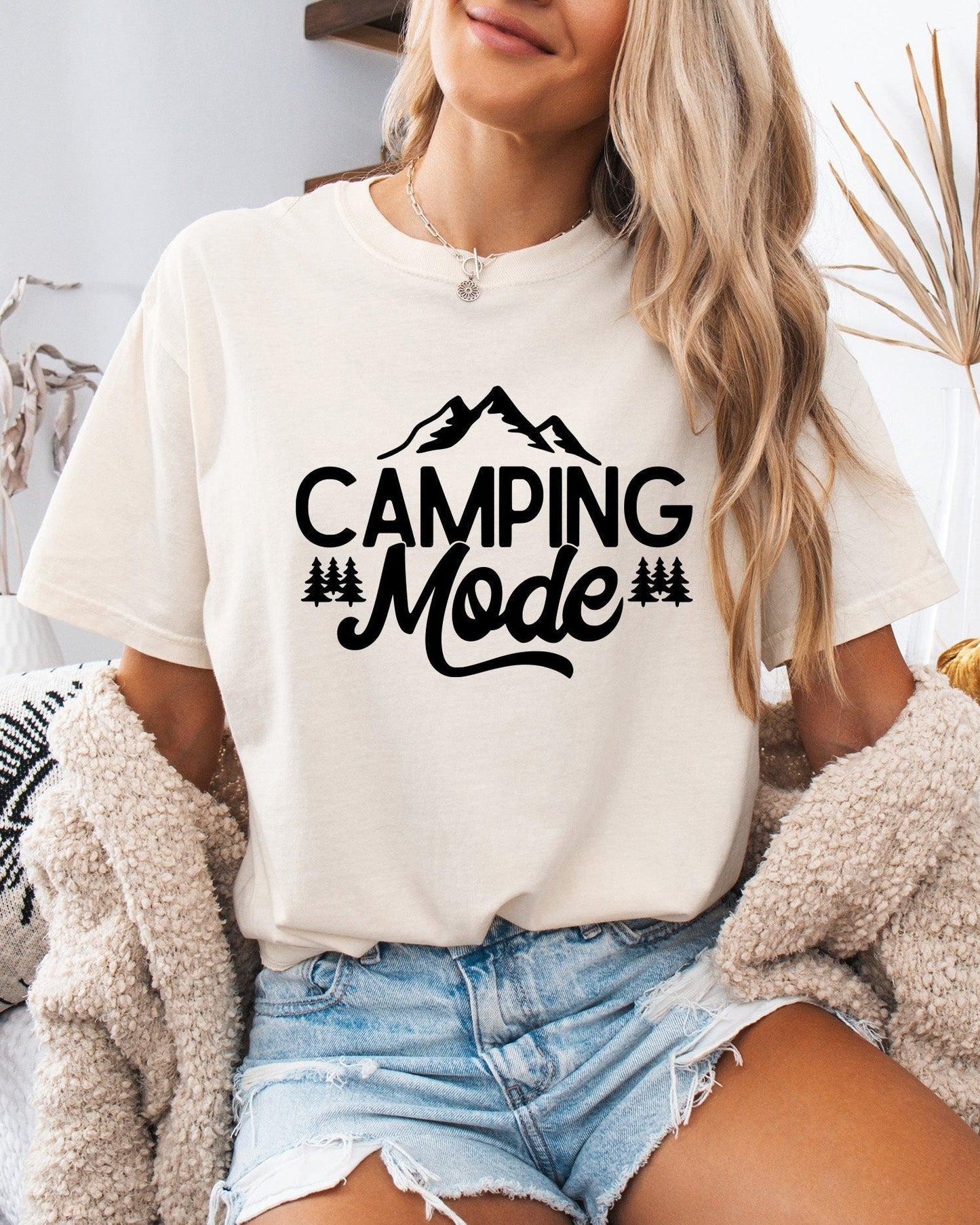 Camping Mode Nature Garment Dyed T-Shirt – Hiking Outdoor Adventure Graphic Tee Ivory