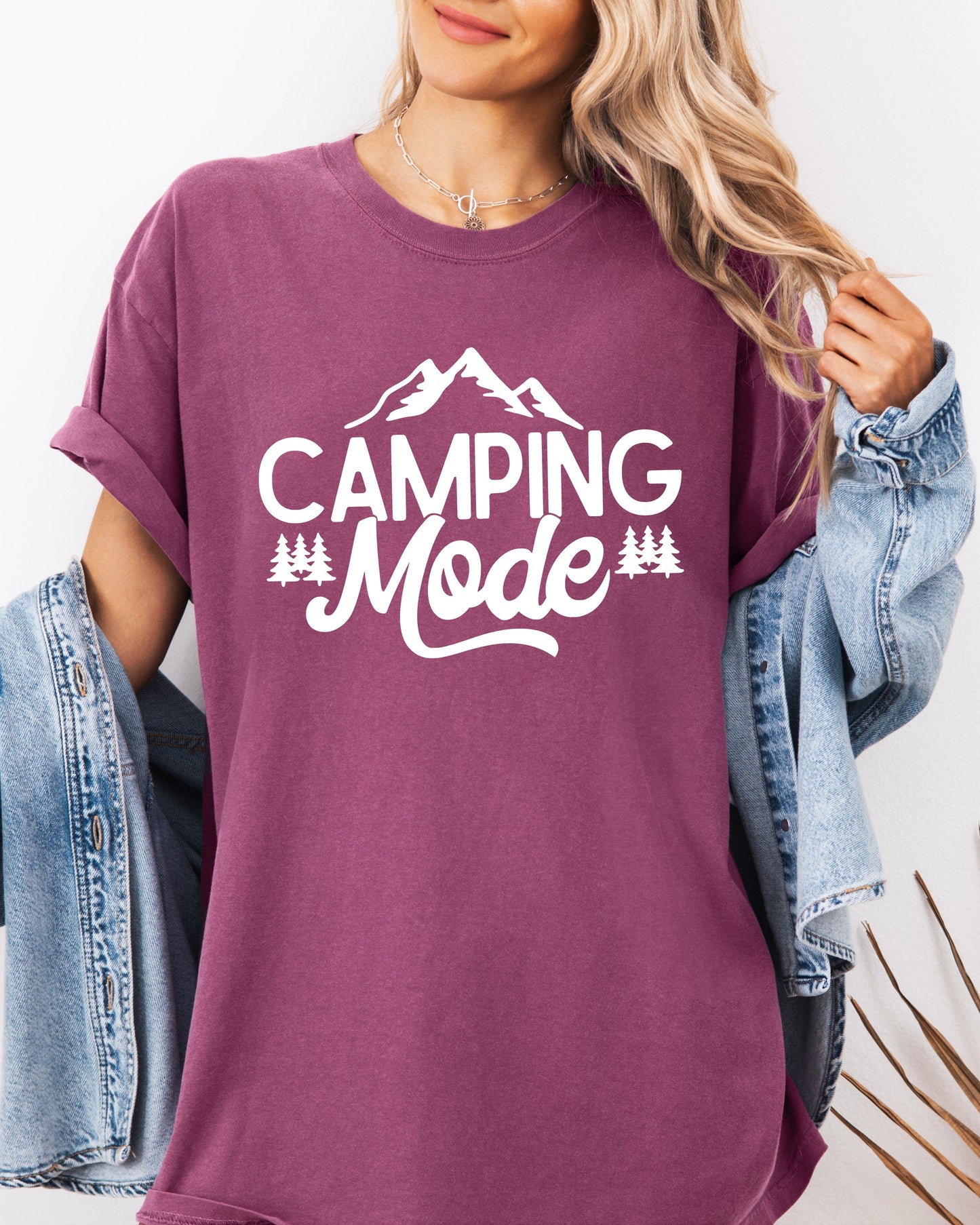 Camping Mode Nature Garment Dyed T-Shirt – Hiking Outdoor Adventure Graphic Tee Berry