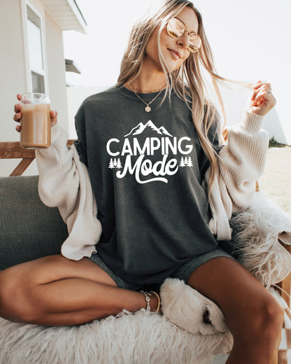 Camping Mode Nature Garment Dyed T-Shirt – Hiking Outdoor Adventure Graphic Tee Pepper