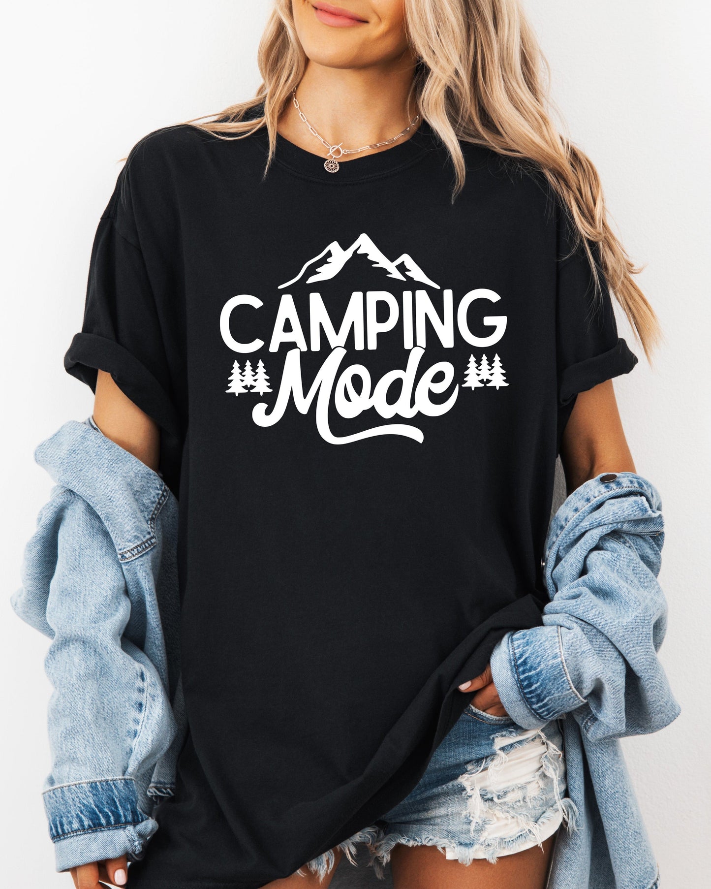 Camping Mode Nature Garment Dyed T-Shirt – Hiking Outdoor Adventure Graphic Tee Black