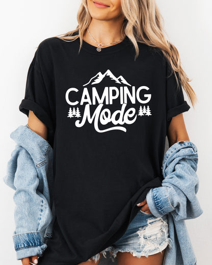 Camping Mode Nature Garment Dyed T-Shirt – Hiking Outdoor Adventure Graphic Tee Black