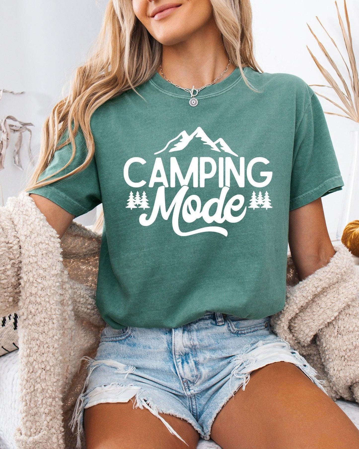 Camping Mode Nature Garment Dyed T-Shirt – Hiking Outdoor Adventure Graphic Tee Light Green