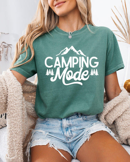 Camping Mode Nature Garment Dyed T-Shirt – Hiking Outdoor Adventure Graphic Tee Light Green