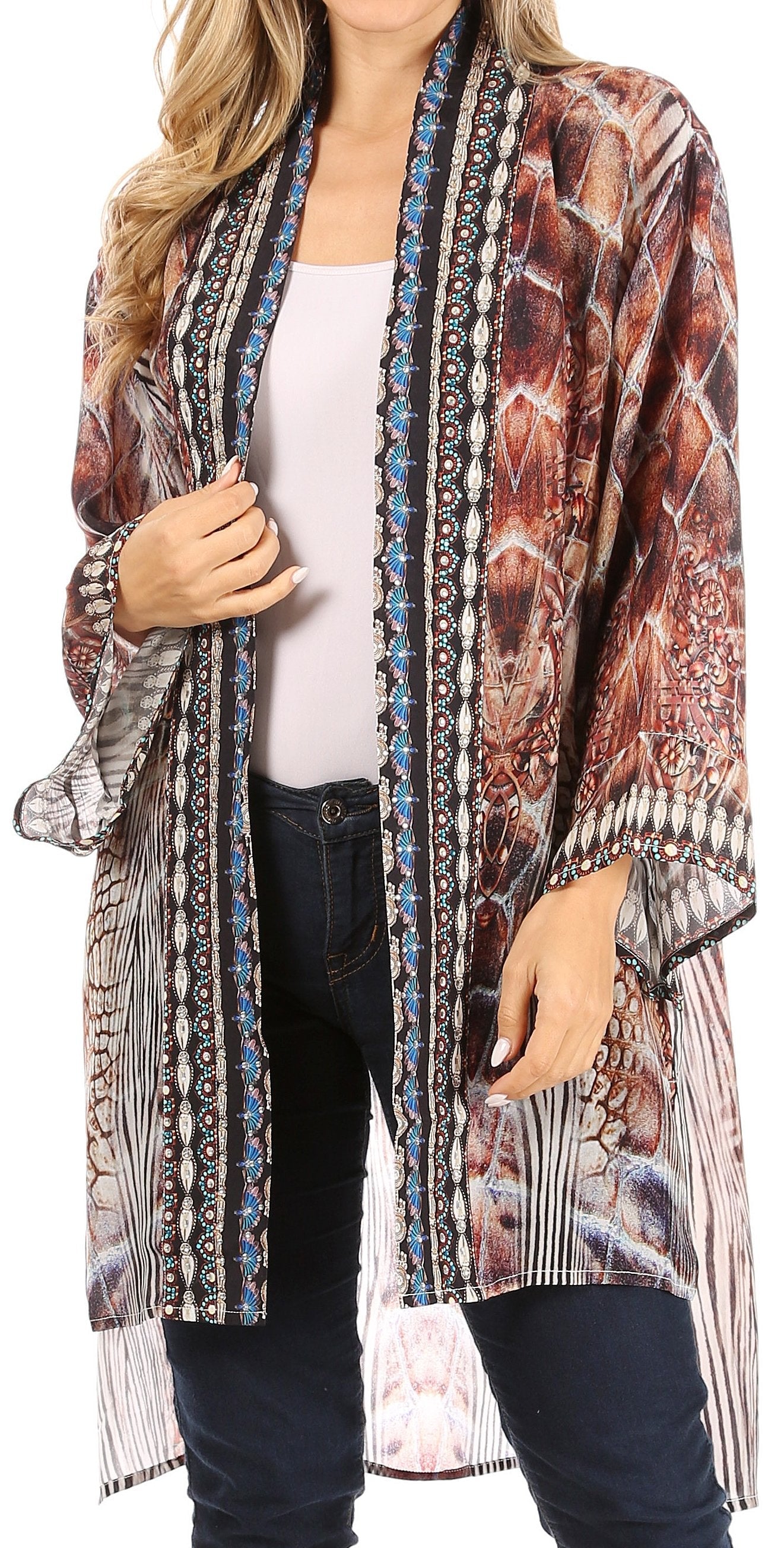 Sakkas Aremi Women Floral Printed Open Front Cardigan Top Boho Casual Short Sleeve One Size 485