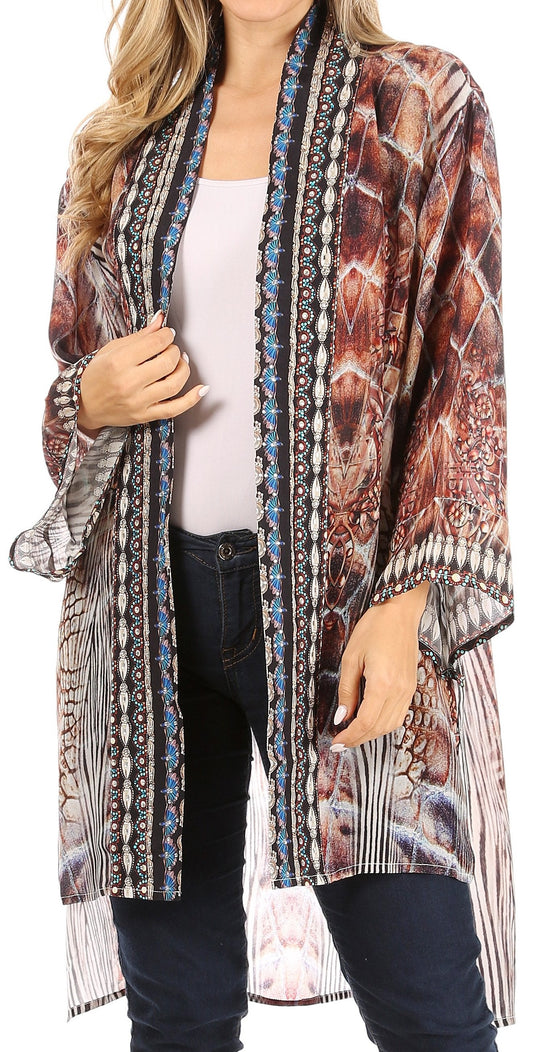 Sakkas Aremi Women Floral Printed Open Front Cardigan Top Boho Casual Short Sleeve One Size 485