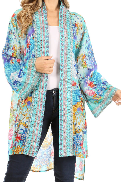 Sakkas Aremi Women Floral Printed Open Front Cardigan Top Boho Casual Short Sleeve One Size 486