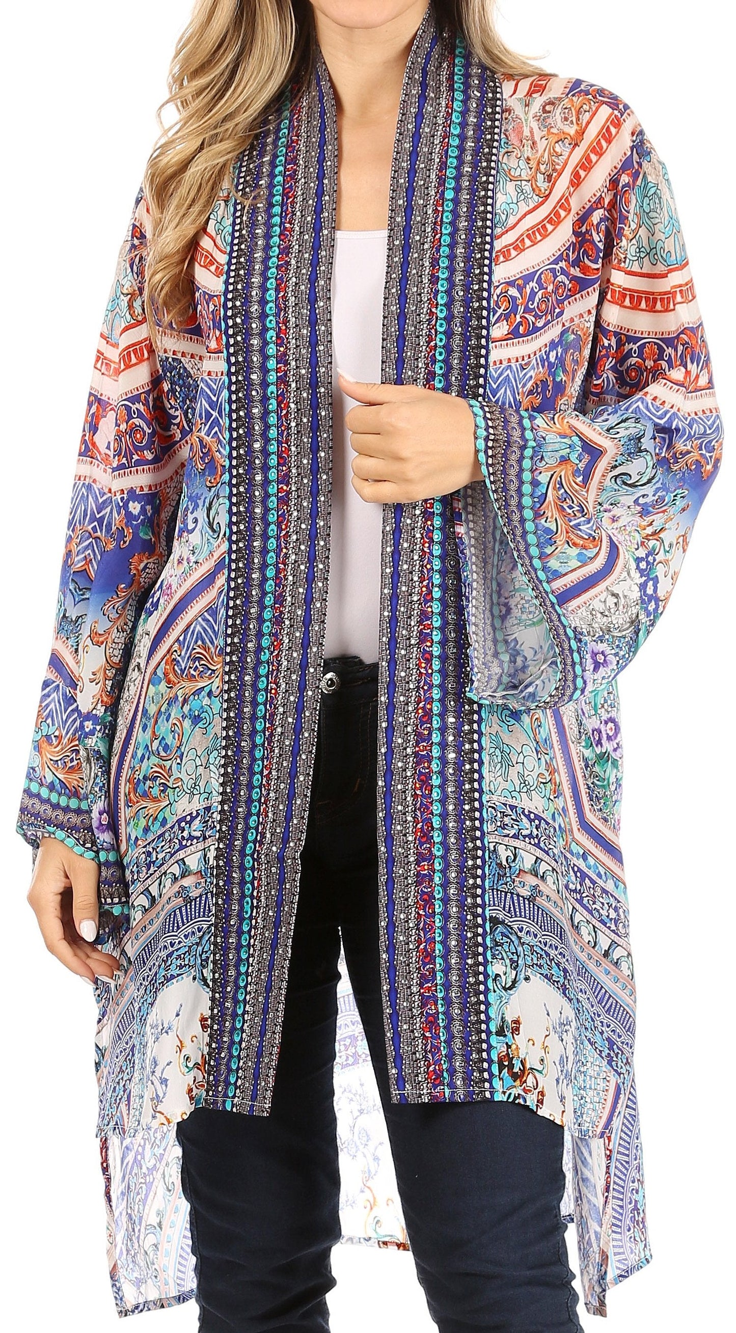 Sakkas Aremi Women Floral Printed Open Front Cardigan Top Boho Casual Short Sleeve One Size 487