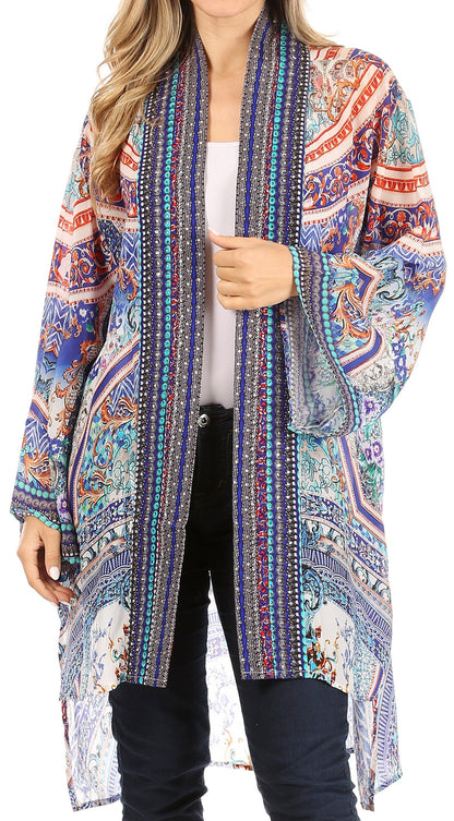 Sakkas Aremi Women Floral Printed Open Front Cardigan Top Boho Casual Short Sleeve One Size 487