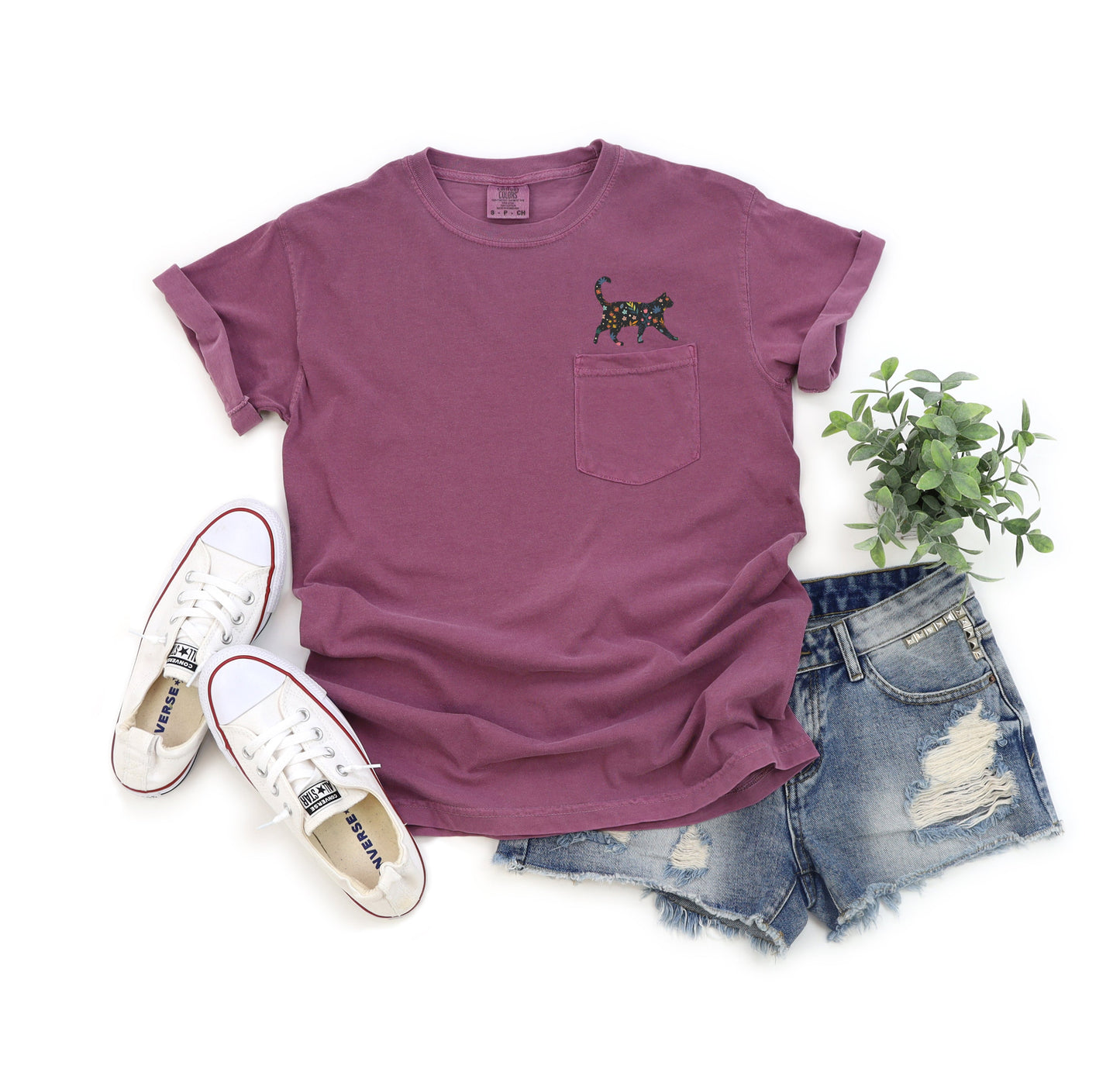 Cat Lover Kitty with flowers Comfort Colors Pocket T Shirt Berry