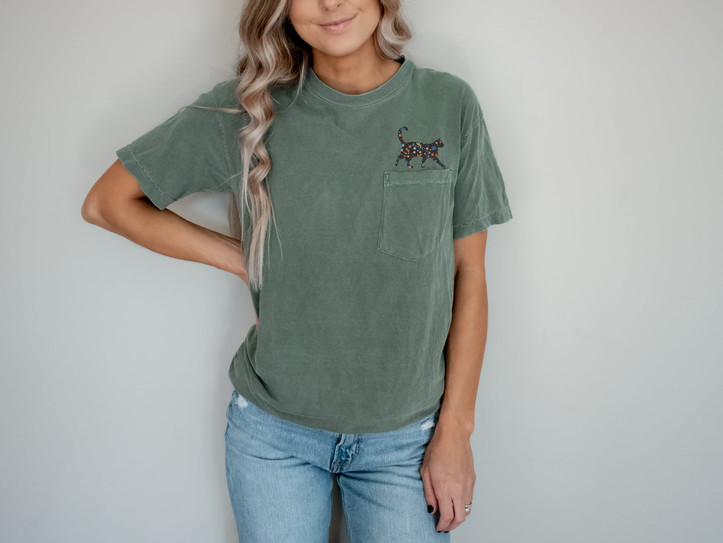 Cat Lover Kitty with flowers Comfort Colors Pocket T Shirt Moss