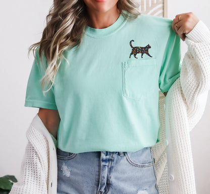 Cat Lover Kitty with flowers Comfort Colors Pocket T Shirt Island Reef