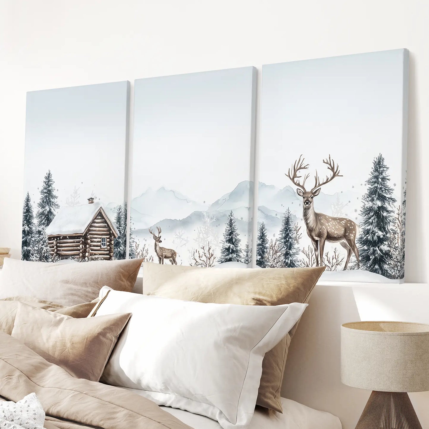 Snowy Deer Wall Art Set of 3. Winter Woodland Prints Wrapped Canvas