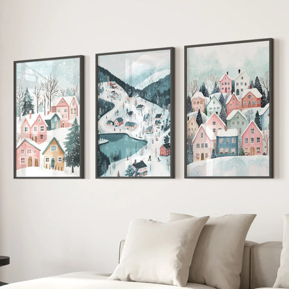 Christmas Village Cute Winter Landscape Posters Black Frame - no mat