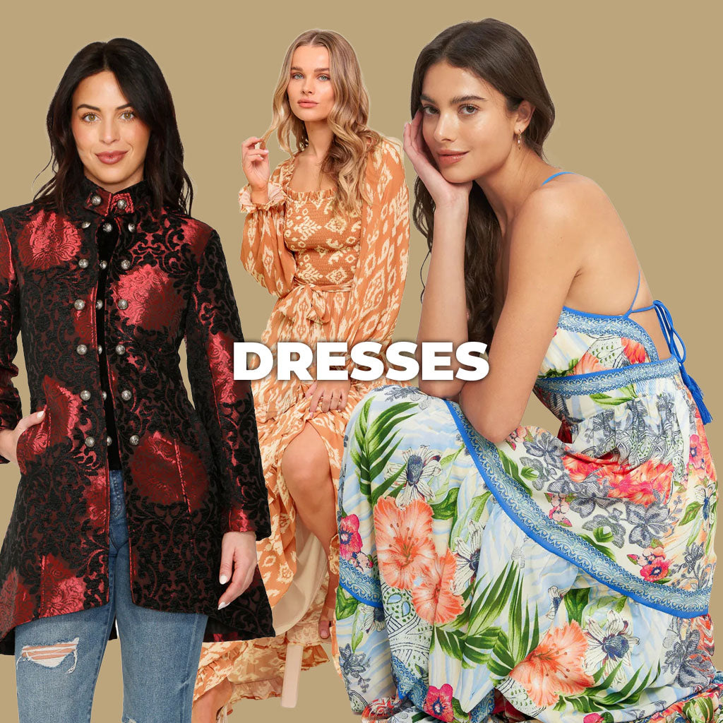 Three women wearing dresses with the word 'DRESSES' displayed.