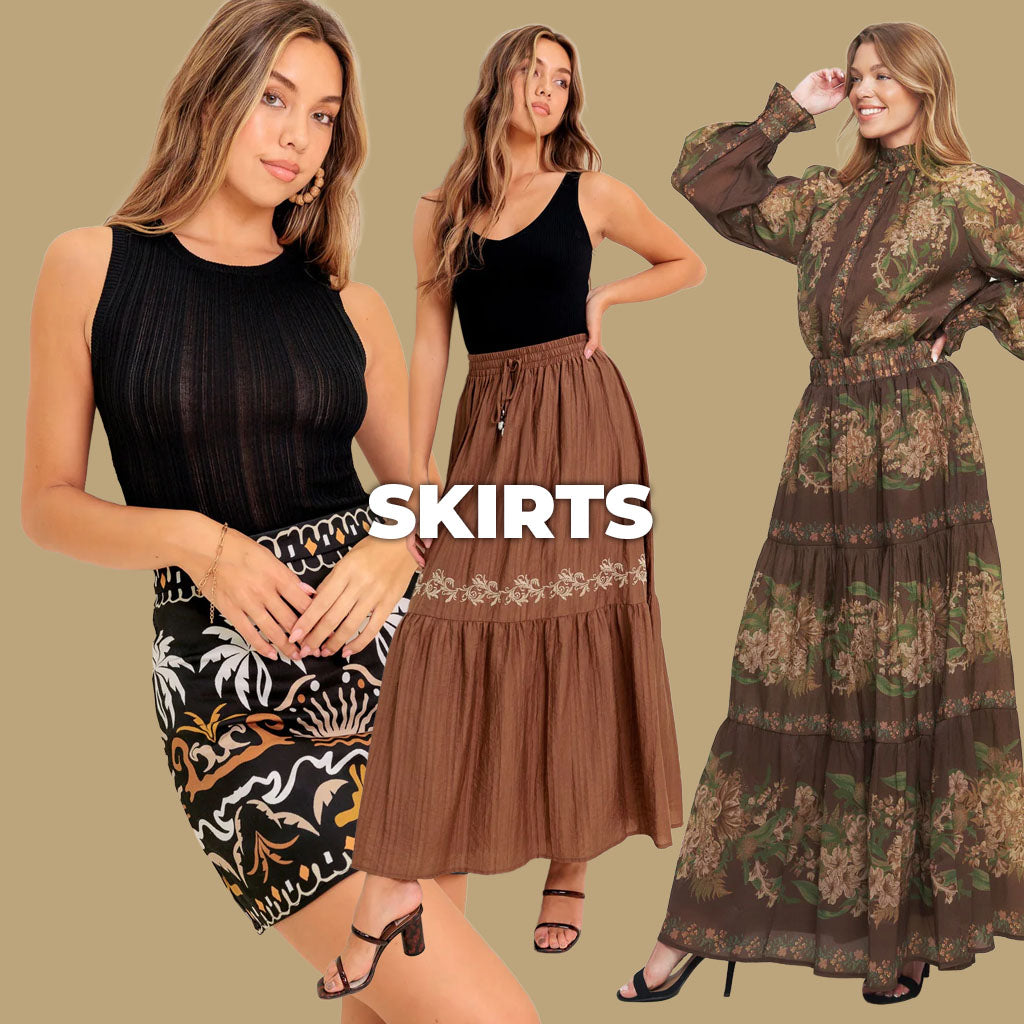 Three women wearing different types of skirts with 'SKIRTS' text displayed.