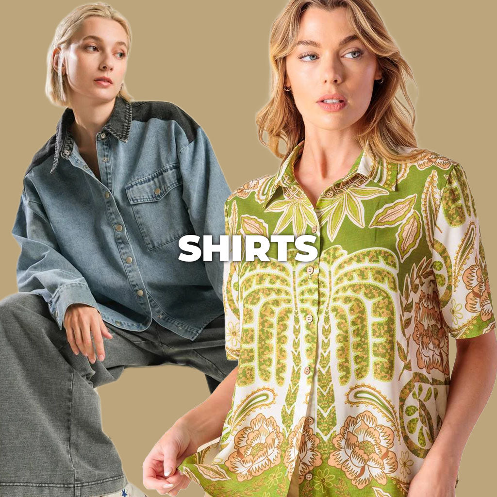 Two women wearing shirts with text overlay on a beige background