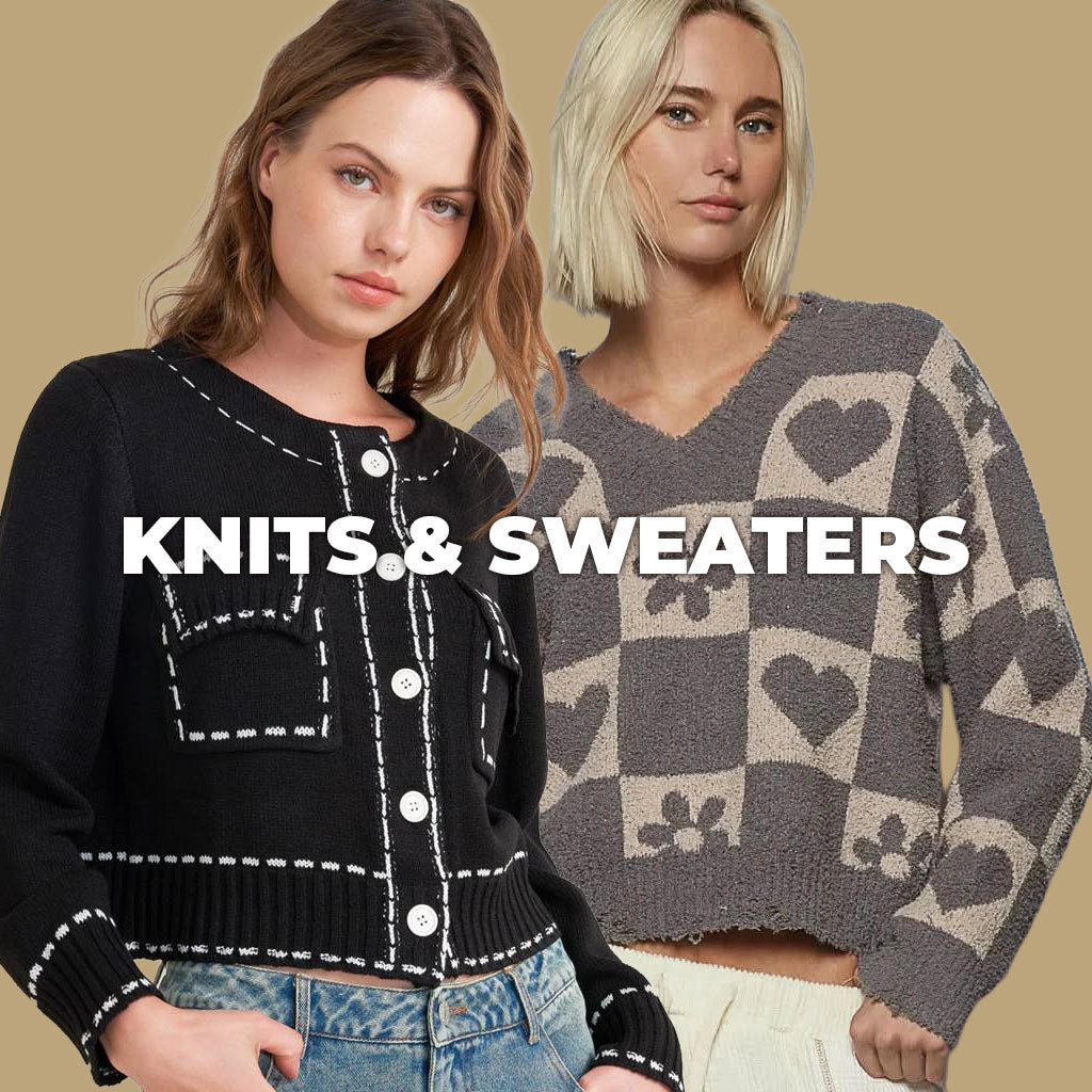 Two women wearing knits and sweaters with text overlay on a beige background