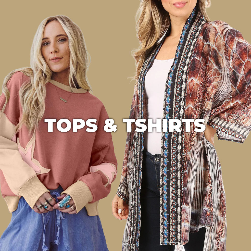 Two people wearing tops and shirts with text 'TOPS & TSHIRTS' on a beige background.