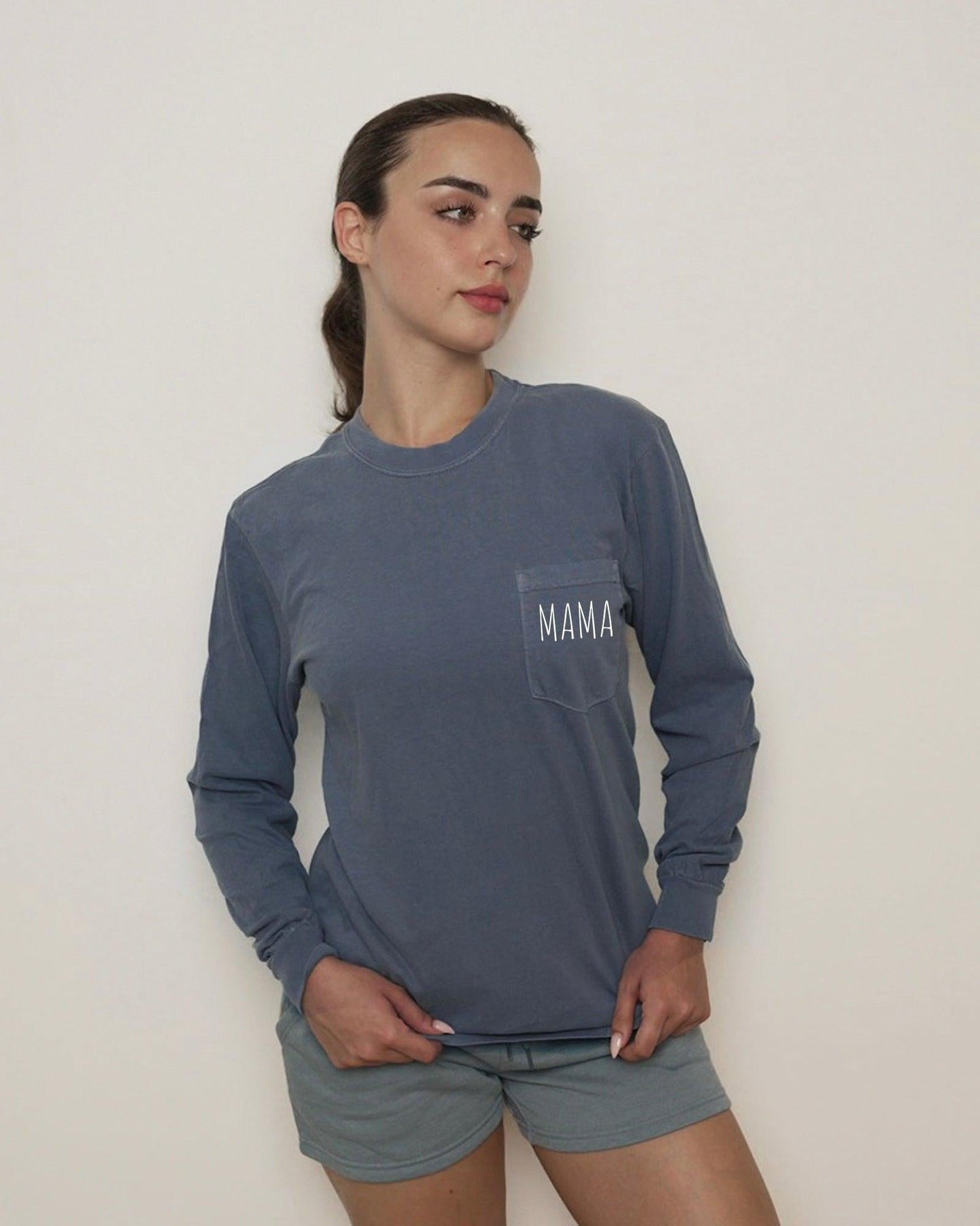 Comfort Colors Cute Mama Pocket Long Sleeve Shirt Blue Jean