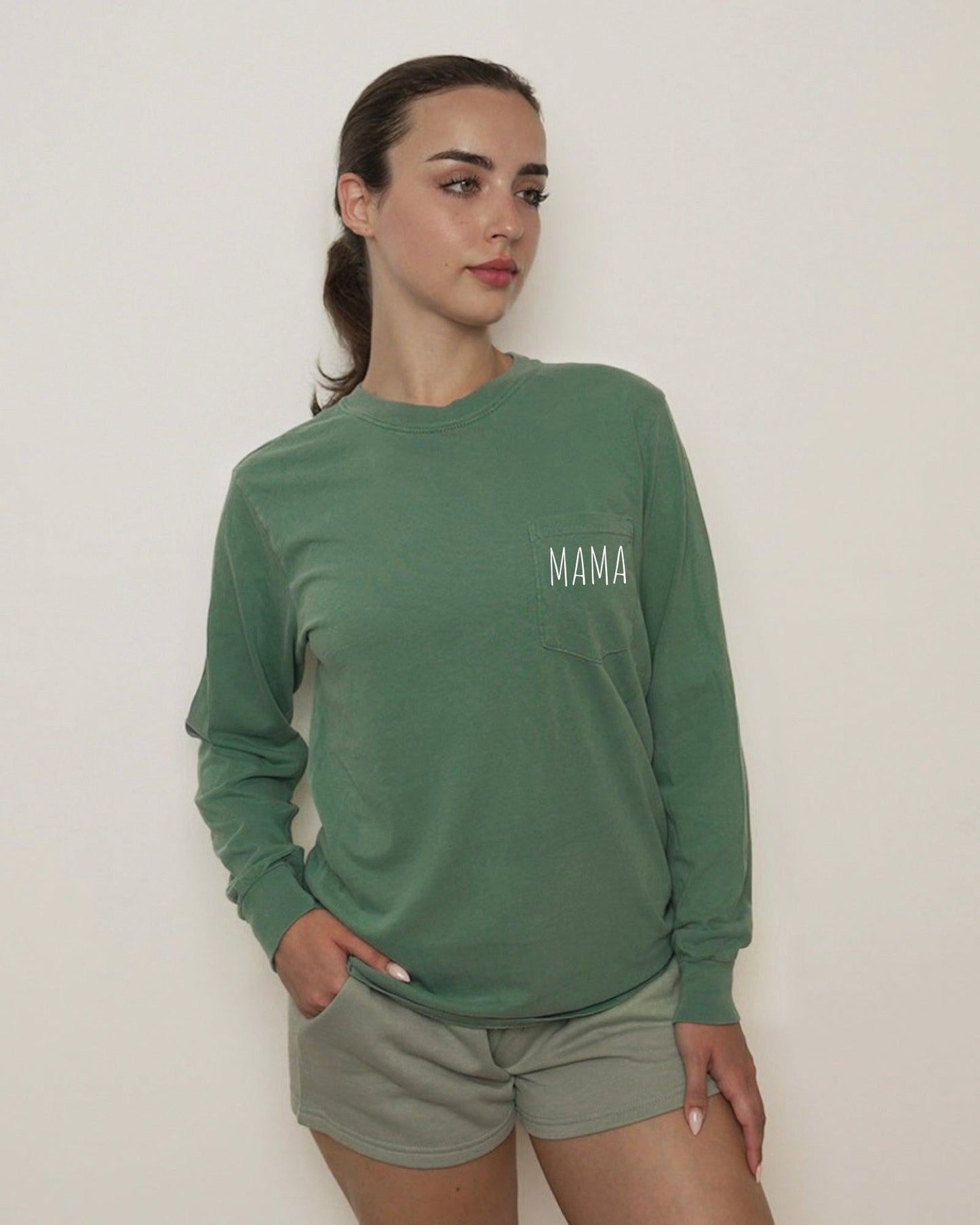 Comfort Colors Cute Mama Pocket Long Sleeve Shirt Light Green
