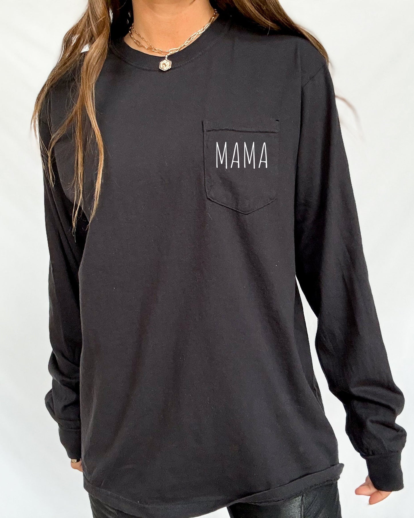 Comfort Colors Cute Mama Pocket Long Sleeve Shirt Pepper