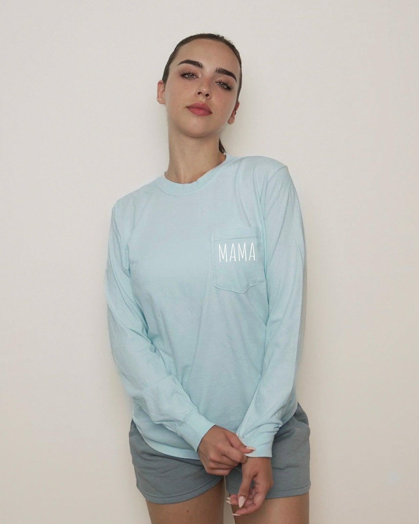 Comfort Colors Cute Mama Pocket Long Sleeve Shirt Island Reef