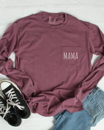 Comfort Colors Cute Mama Pocket Long Sleeve Shirt Berry