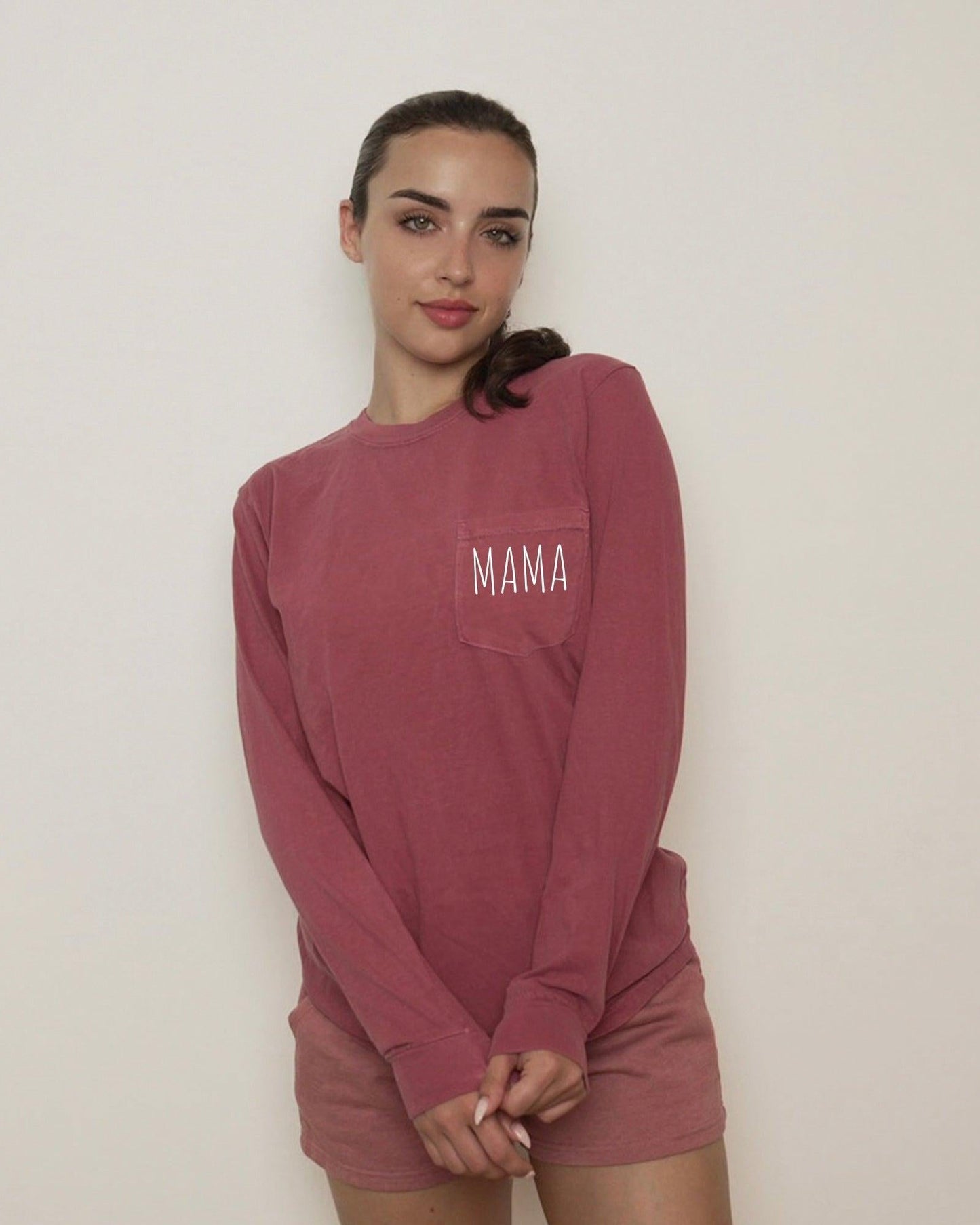 Comfort Colors Cute Mama Pocket Long Sleeve Shirt Brick