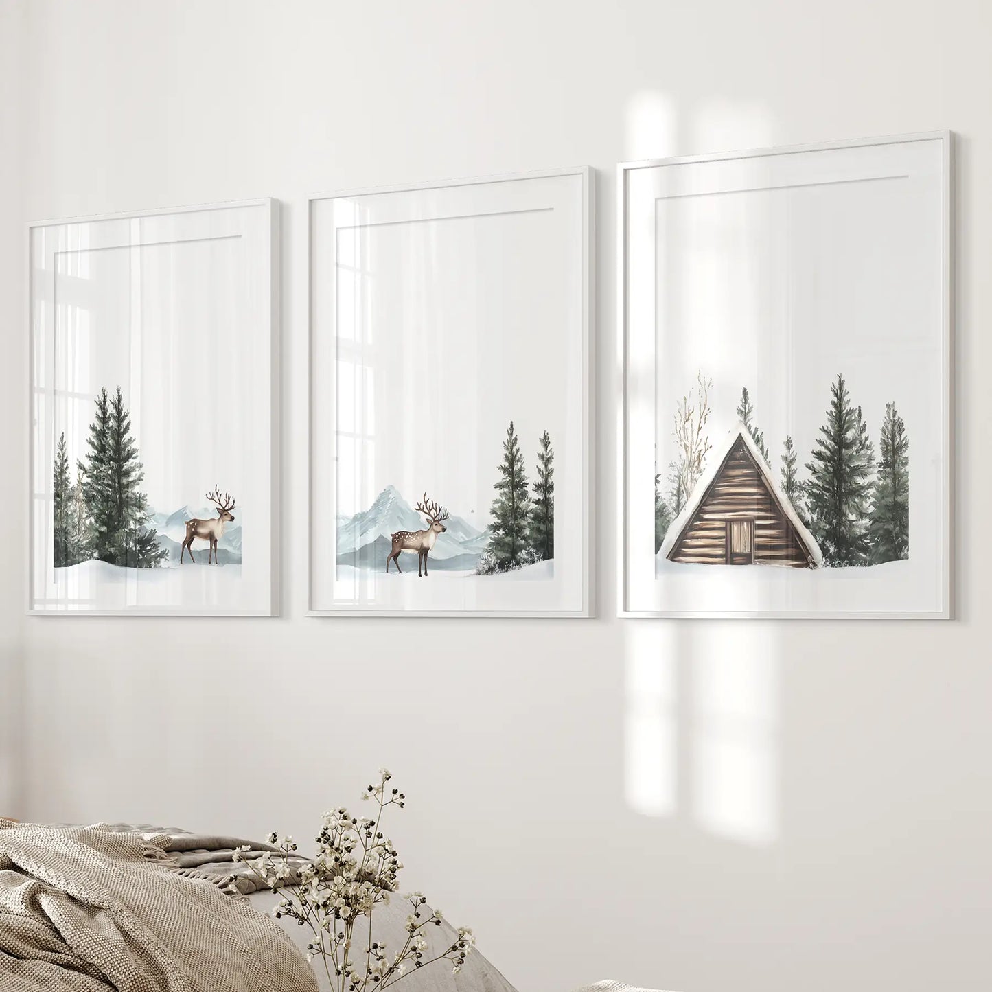 Rustic Cabin, Snowy Forest Prints. 3 Piece Winter Wall Art White Frame - w mat