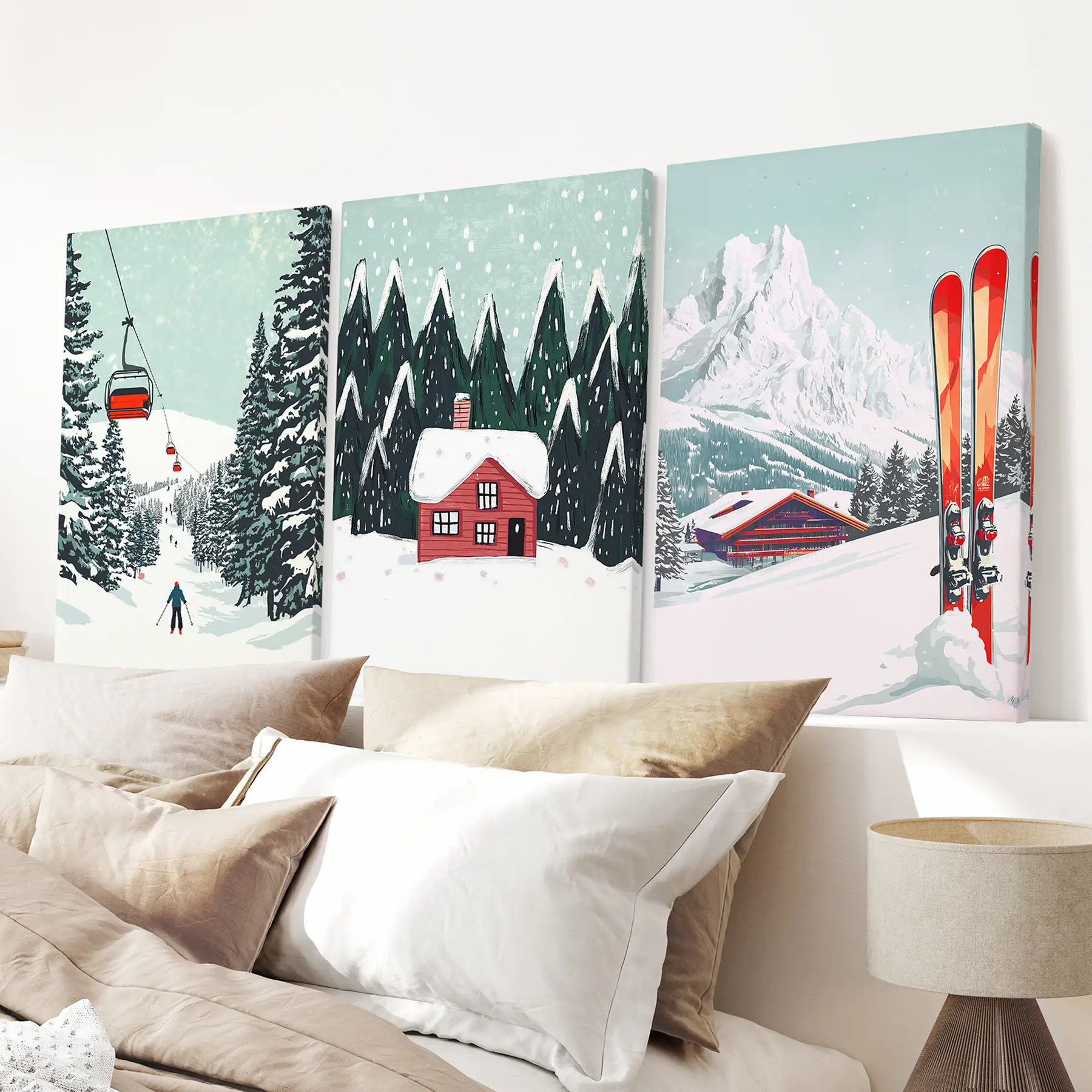 Ski Lifts, Cozy Cabin, and Snowy Peaks Wall Art Wrapped Canvas