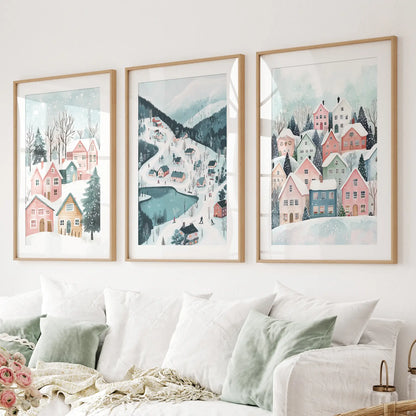 Christmas Village Cute Winter Landscape Posters Thin Wood Frame - w mat