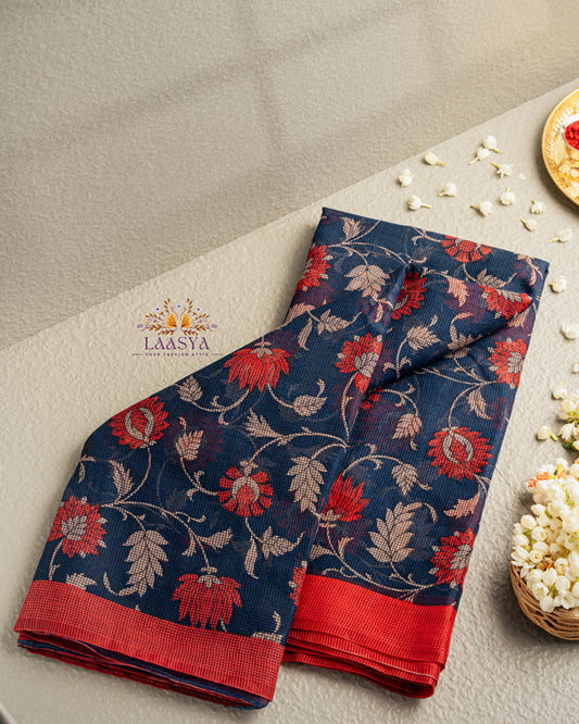 Pure Kota Doria Cotton Saree in Blue and Red Floral Jaal Pattern Blue