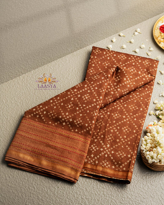 Pure Chanderi Silk Cotton Saree with Bandini Print and Kantha Stitch Border in golden brown shade Brown